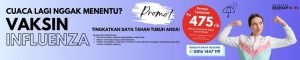banner CTA untuk mengajak orang melakukan pendaftaran dan menggunakan promo vaksin influenza di Klinik Utama Dr. Indrajana, Jakarta Pusat.